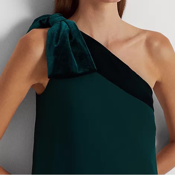 RALPH LAUREN Womens Chiffon One-Shoulder Cocktail Dress Green Chiffon Velvet NWT - Picture 5 of 10